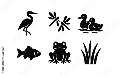 vector solid black filled icons fenland (wildlife): heron dragonflies ducks fish frogs tall grasses.