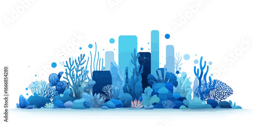Abstract blue coral reef illustration with stylized seaweed and geometric shapes.