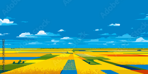 Vibrant graphic illustration of a vast agricultural landscape with colorful fields under a bright blue sky.