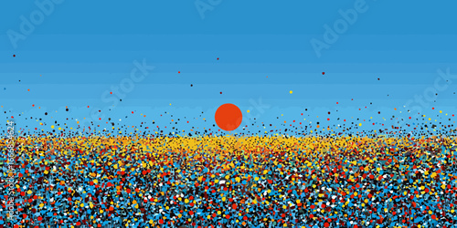 Vibrant abstract landscape featuring a red sun over a colorful mosaic field of fragmented shapes.