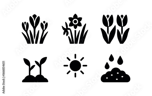 vector solid black filled icons season of early bloom (garden): crocuses daffodils tulips green shoots soft sunlight damp soil.