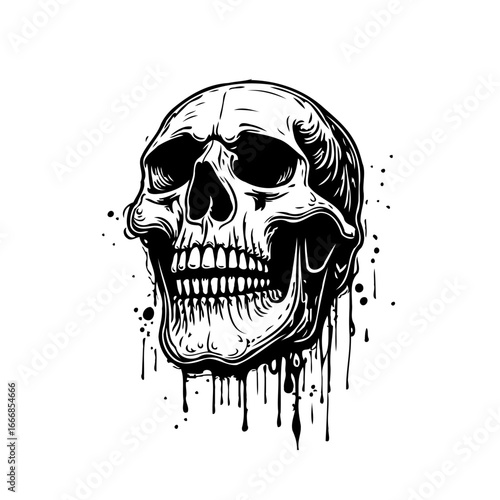Monochromatic human skull with dripping ink effects a stark reminder of mortality and fragility in