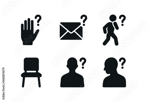 vector solid black filled icons doubt (daily life): paused hand unread letter hesitant step empty chair turned back tilted head.