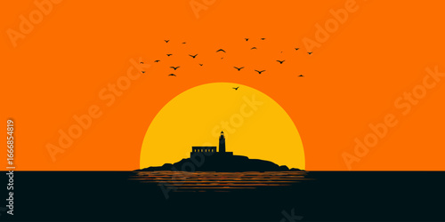 Silhouetted lighthouse on a rocky island against a vibrant orange sunset with flying birds.