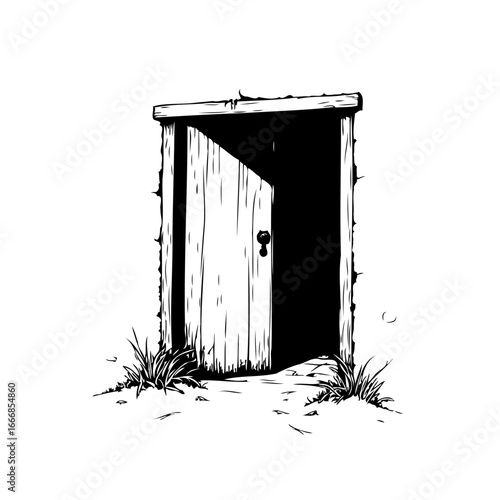 Monochromatic rural doorway depiction evoking rustic charm and vintage architectural simplicity in