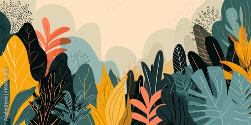 Stylized botanical illustration of dense, colorful jungle leaves in a modern flat style.