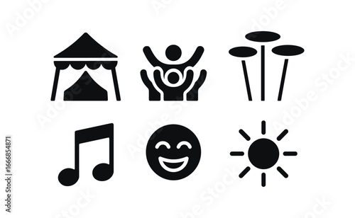 vector solid black filled icons plate spinning (festival): outdoor tent cheering crowd colorful plates music laughter sunny day.