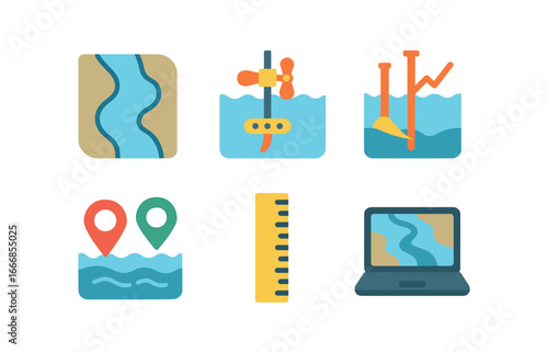 vector colorful flat filled icons river ecologist (mapping): river diagram flow measurements depth chart markers ruler laptop.
