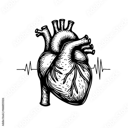 Monochrome anatomical heart illustration with vibrant heartbeat tracing representing