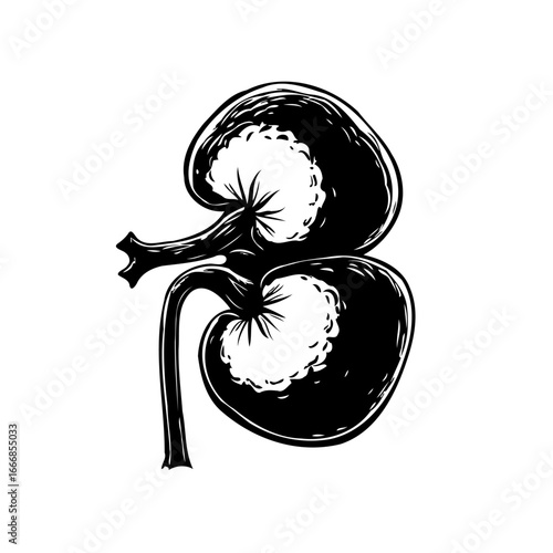Monochrome anatomical kidney illustration for medical education and internal organ health