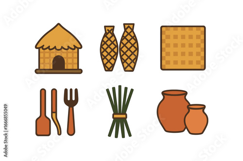vector colorful flat filled icons wicker weaver (historic): traditional hut woven fish traps large mats wooden tools reed bundles clay pots.