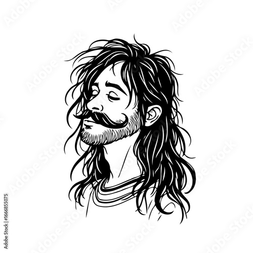 Monochrome artistic depiction of a thoughtful bearded man with long flowing hair and a mustache