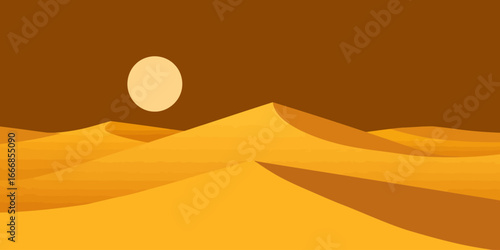 Minimalist desert landscape with golden sand dunes and a bright sun in a warm brown sky.