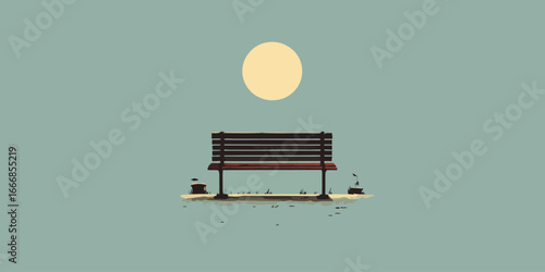 A solitary, empty wooden park bench with a dark slatted back and reddish-brown seat, depicted in a flat, minimalist illustration style.