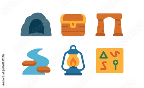 vector colorful flat filled icons map decoding adventure (discovery): hidden cave treasure chest stone arch river crossing lantern light carved symbols.