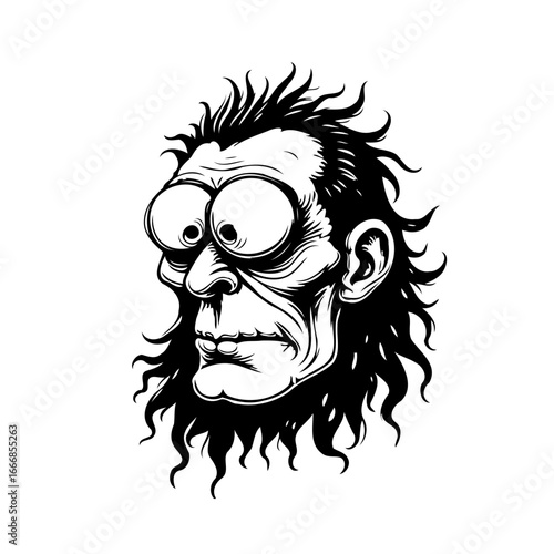 Monochrome cartoonish drawing showcasing a quirky character's head with exaggerated features and
