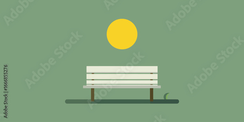 Minimalist flat illustration of a solitary white park bench sitting under a bright yellow sun.