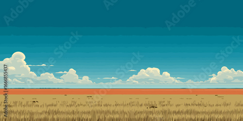Vast savanna landscape in a stylized, minimalist pixel art style with a wide blue sky and fluffy clouds.