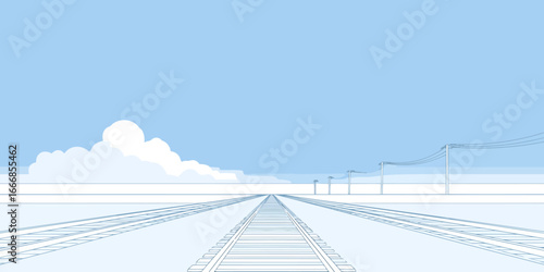 Minimalist blue and white illustration of railroad tracks receding to the horizon under a cloudy sky.