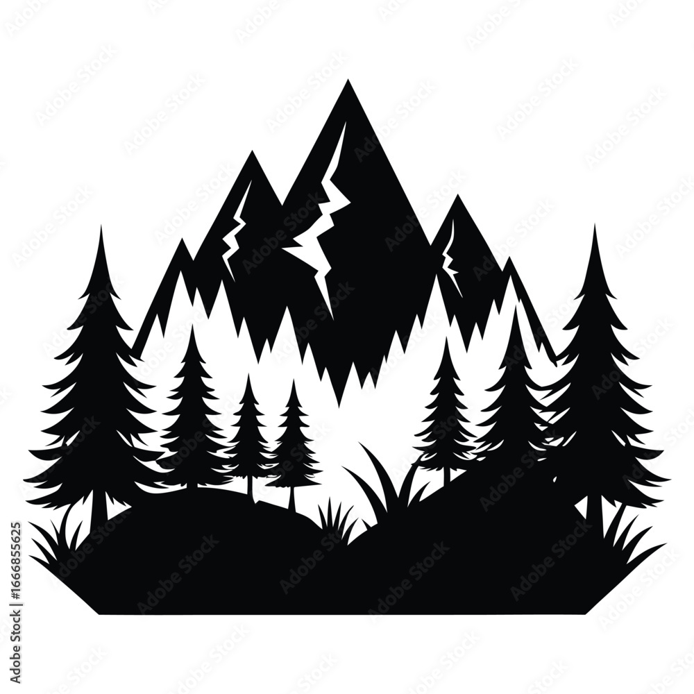 Obraz premium Silhouette of Mountains and Pine Trees, a Vector Landscape Illustration in Black