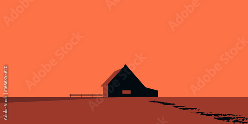 A stark black barn silhouette with a trail of footprints in a minimalist orange landscape.