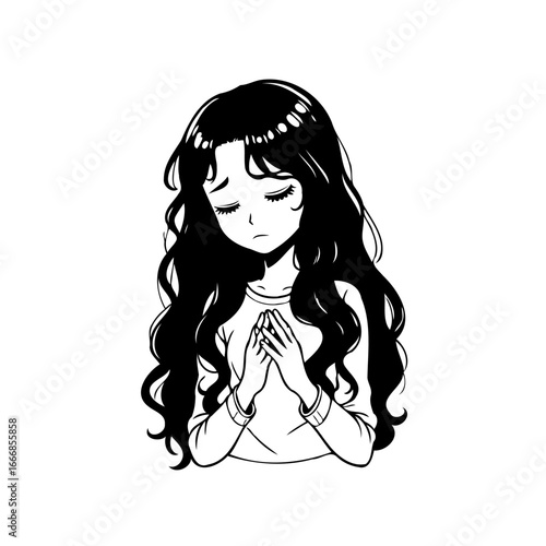 Monochrome illustration of a girl expressing sorrow or introspection through gestures and facial