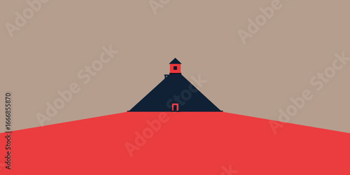 Minimalist dark blue triangular building with a steep roof and a small red tower on top.