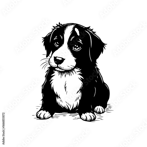 Monochrome illustration of a charming puppy with an endearing expression captivating viewer with