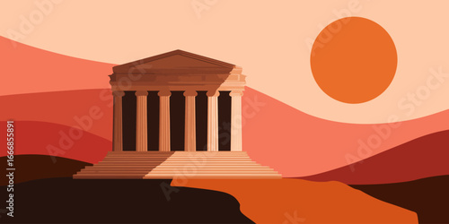 Majestic classical temple illustration with a grand staircase and symmetrical columned fa?ade.