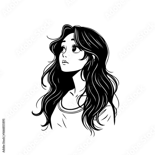 Monochrome illustration of a girl with flowing hair gazing upwards with pensive expression