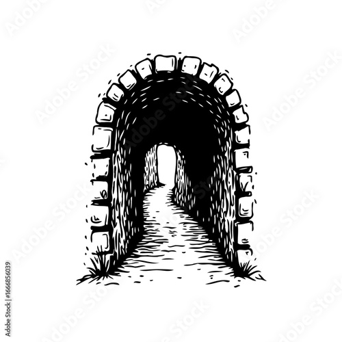 Monochrome illustration of a stone tunnel or archway leading into an unknown or hidden path with