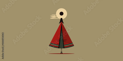 Surreal character with a giant eyeball head, long black hair, and a flowing red cloak.