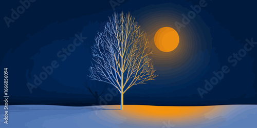 A solitary leafless tree with dual-toned branches illuminated by a glowing orange moon in a stylized, posterized winter night scene.