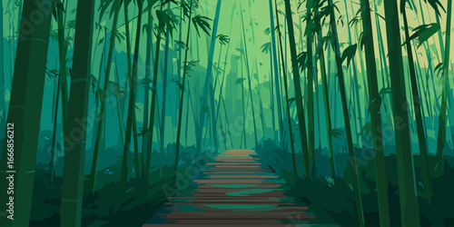 Stylized vector illustration of a wooden path through a dense, sunlit green bamboo forest.