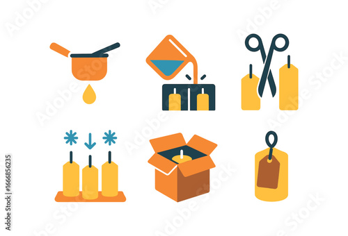vector colorful flat filled icons chandler (process): melting wax pouring molds trimming wicks cooling candles packaging labeling.