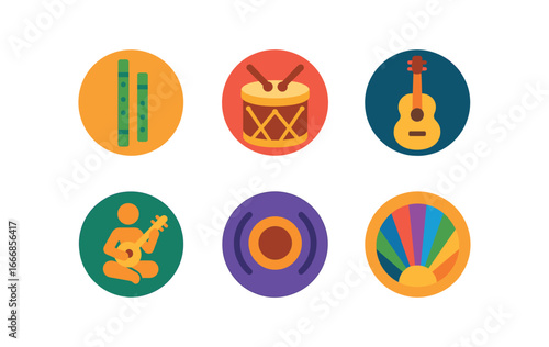 vector colorful flat filled icons cultural circle (music): flutes drums string instruments performers seated rhythmic beat colorful backdrop.