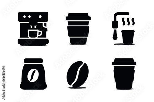 vector solid black filled icons street food stand (coffee kiosk): espresso machine cup sleeve wand bean bag shadow smear light rim.