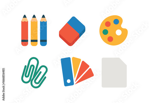 vector colorful flat filled icons notebook pocket (art supplies): pencils eraser small palette clips swatches folded paper.