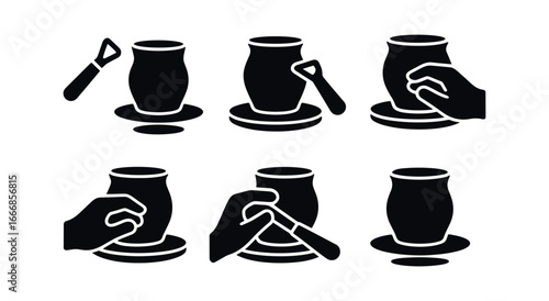 vector solid black filled icons pottery wheel in use (trimming rim): trimming tool pot lip wheel plate hand grip shadow smear light rim.