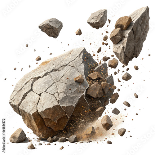 A High Resolution Realistic Illustration of Flying Exploding Rocks and Cracked Stone Debris with Dust and Broken Pieces Isolated on Transparent Background for Action Scene, Explosion Effect, and Natur
