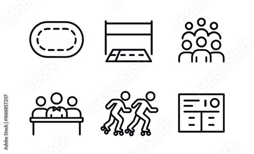 vector outline icons roller skating (competition): marked track starting line crowd judges skaters scoreboard.