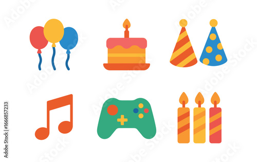 vector colorful flat filled icons late childhood (festive): balloons cake party hats music games candles.