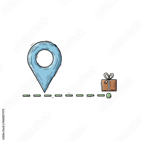 E-Commerce Delivery Tracking Icon. Online Shopping Order Location and Shipping Route with Map Pin and Gift Box Symbol. Parcel Delivery Progress Concept.