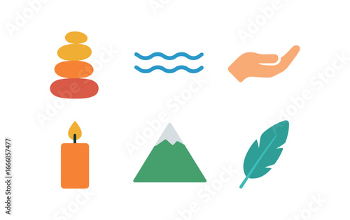 vector colorful flat filled icons composure (symbols): balanced rock stack calm water open palm steady candle mountain peak feather.