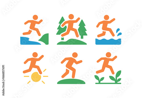 vector colorful flat filled icons figure jumping (nature): leap over stream forest background splashing water sunlight athletic stance green plants.