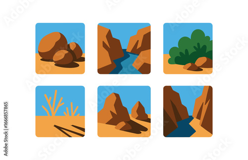vector colorful flat filled icons arroyo (rocky): boulders narrow channel shrubs dry plants sharp shadows blue sky.
