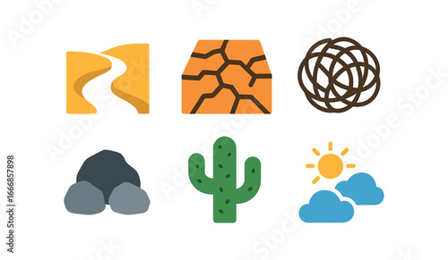 vector colorful flat filled icons arroyo (dry): sandy bed cracked ground tumbleweed rocks cactus bright sky.