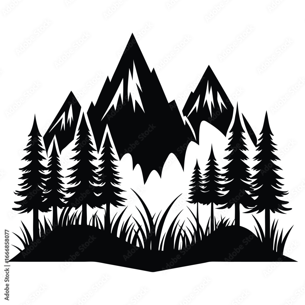 Obraz premium Black Silhouette Illustration of Mountains with Pine Trees and Wild Grass Landscape Design