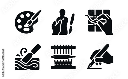 vector solid black filled icons perseverance (creative): detailed painting clay sculpture quilt making wood carving weaving writing.