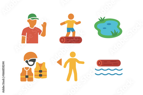 vector colorful flat filled icons log rolling (training): instructor beginner small pond safety gear slow movements clear water.